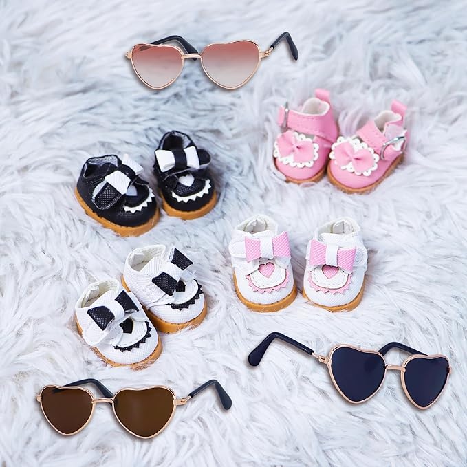 Suitable for 17cm Doll Clothing Accessories Set, Mini Fashionable Small Leather Shoes with Bow Tie and Glasses Two-Piece Set (Black2)