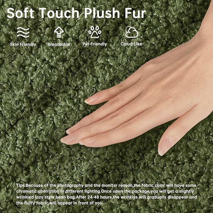 Memory Foam Bean Bag Chair for Adults, Teddy Material Beanbag Sofa with Filler, Cozy Floor Lounge Seat for Living Room, Bedroom, Dorm, Office (Green)