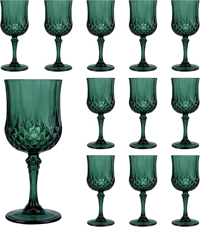 LEYIQU Plastic Wine Glasses, Plastic Goblets Vintage Style Cordial Drinking Glasses for Valentine’s Day, Wedding Reception, Grand Event Party Supplies (12, Green)