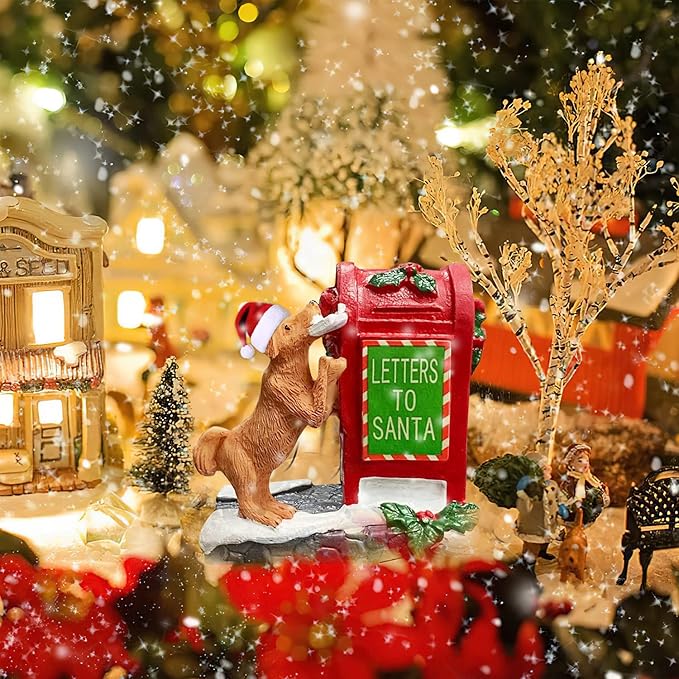 Christmas Village Accessories Ornaments Resin Puppy Letters to Santa Mailbox Christmas Village Sets Decoration for Xmas Festival Holiday