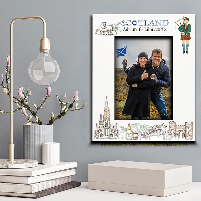 BELLA BUSTA-Personalized Europe Travel Picture Frame– Custom Scotland Photo Frame with City & Country-Honeymoon, Vacation, Adventure, Favor Keepsake (Scotland (5x7 Vertical))