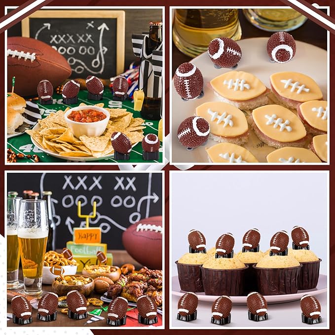 50 Pcs Mini Football Figurine for Crafts Resin Miniature Football with Base Small Sports Ball Mini Sport Balls Simulation Model for DIY Birthday Gift Bag Stuffer Party Decor Cake Topper