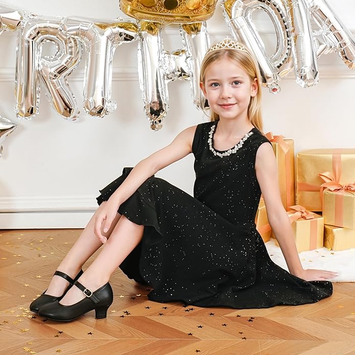 Dufannie Girls Dress Shoes Low Heel Princess Flats Mary Jane Flower Wedding Party Glitter Shoes for Kids Toddler