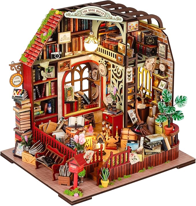 Spilay DIY Miniature Dollhouse Wooden Furniture Kit,Mini Handmade Mini Model with Dust Cover & Music Box,1:24 Scale Creative Woodcrafts for Adult Friend Lover Birthday Gift-Book House