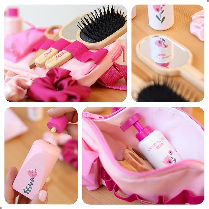 umu® Wooden Hair Salon Playset – 17 Pcs Pretend Hairdressing Toy with Hair Dryer Straightener Mirror Comb & Accessories – Little Woman Design Beauty Role Play Toy for Girls Ages 3 4 5 6