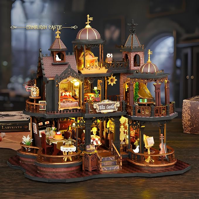 DIY Miniature House Kit Gothic Castle Dollhouse with Furniture & Music Mini Diorama House Building Kit Classic Medieval European Retro House Micro Landscape Scene Fun