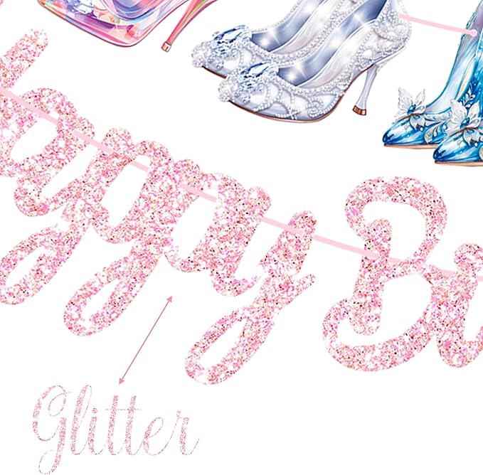 High Heel Happy Birthday Banners 3PCS Crystal High Heels Party Decorations Glass Shoes Banners Girls Princess Birthday Decor for Lady Bridal Shower Wedding Party Supplies