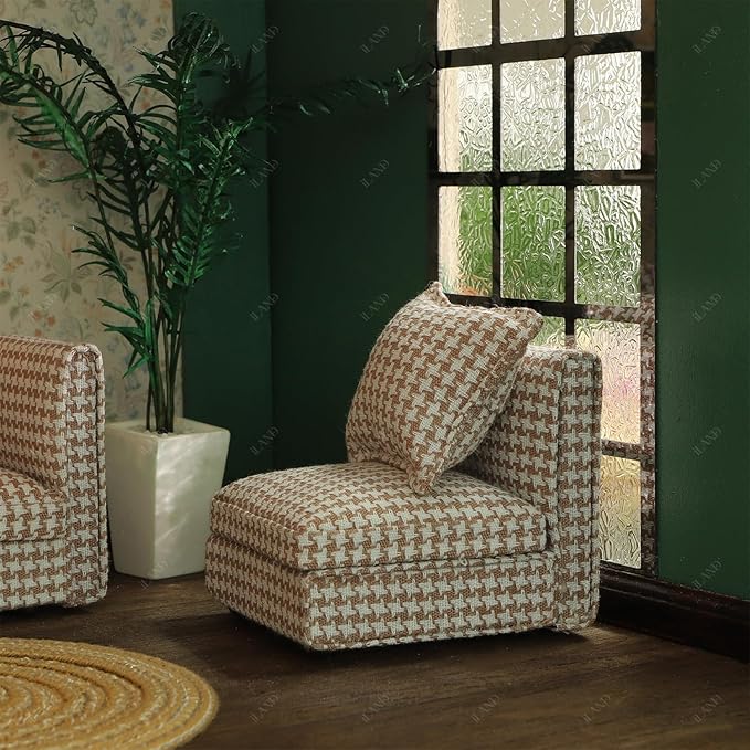 iLAND Dollhouse Furniture Miniature Sectional Couch Set for Doll House Décor Fit 1/12 Scale Accessories, Modern Brown Houndstooth Sofa Timeless & Classic