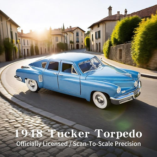 1948 Tucker Torpedo 1:18 Diecast Model Car - Cyclops Headlight, Opening Doors, Steering Linkage | Premium Gift Box, Man Cave Decor | Ages 14+,Blue