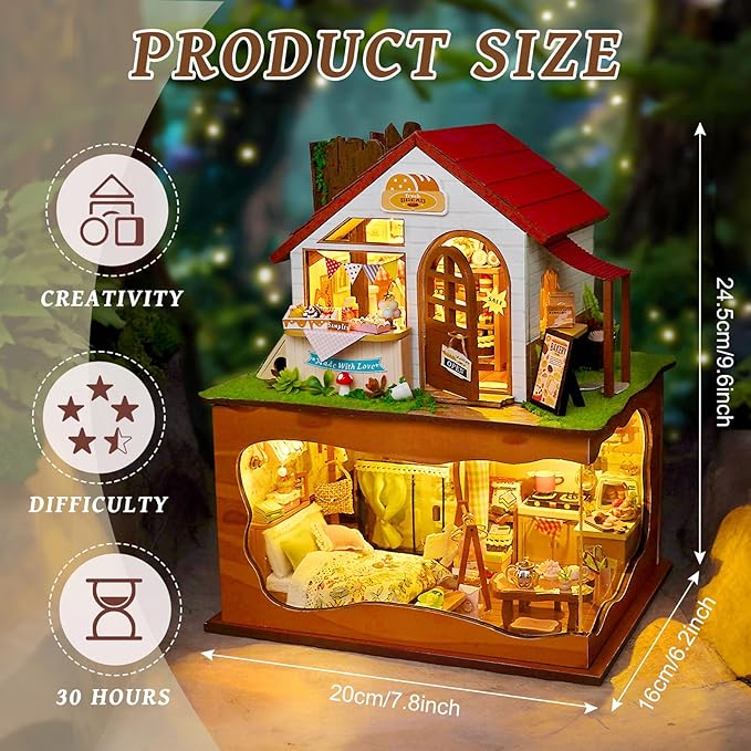 Miniature House Kit, DIY Dollhouse Kits with Lights and Dust Cover, The for Family & Friends, Creative Craft Kit with Two-Story Bakery & Forest Basement