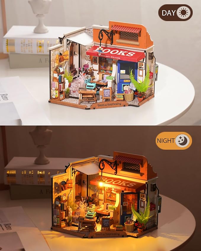 Rolife DIY Miniature House Kit 1:20 Scale Bookstore, Build Mini House Building Kit with LED Lights Craft Kits for Aduls Gifts for Him Her