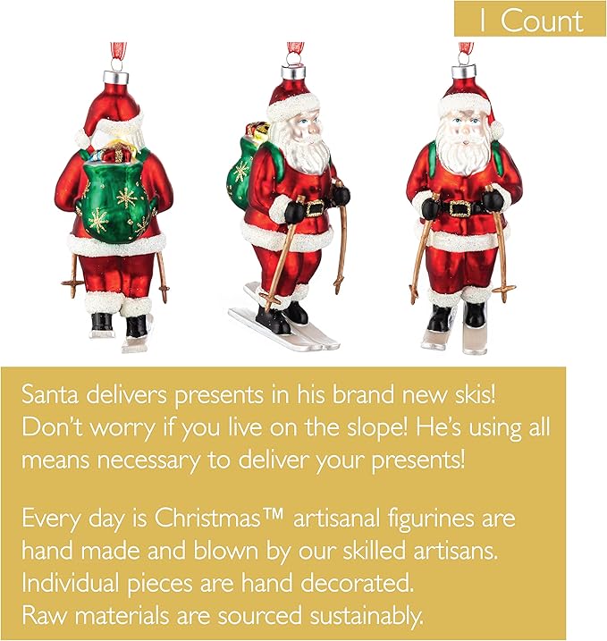 Every Day is Christmas Glass Blown Ornaments Cute Hand Made Figurines Tree Decoration, Ski Santa