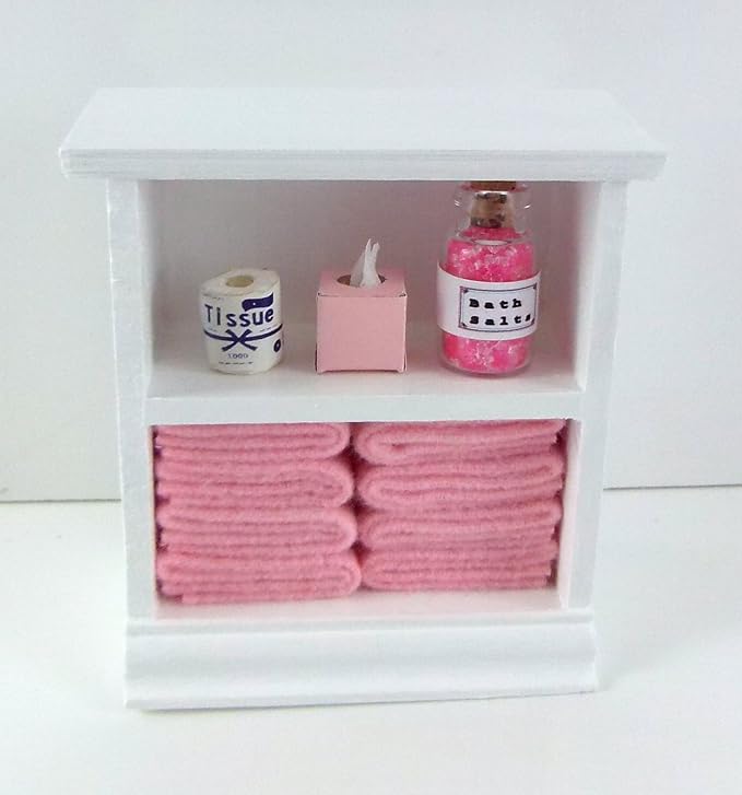 Dolls House Miniature Furniture Small Shelf Unit & Pink Bathroom Accessories