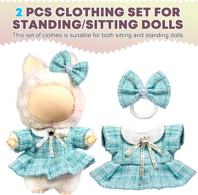 Clothes for LABUBU Doll (NO Doll), Luxury Chic Style 2-Piece Accessories for LABUBU 17cm Dolls, Premium Fashion Outfits for LABUBU - Bow Headdress + Plaid Tweed Dress (Blue)