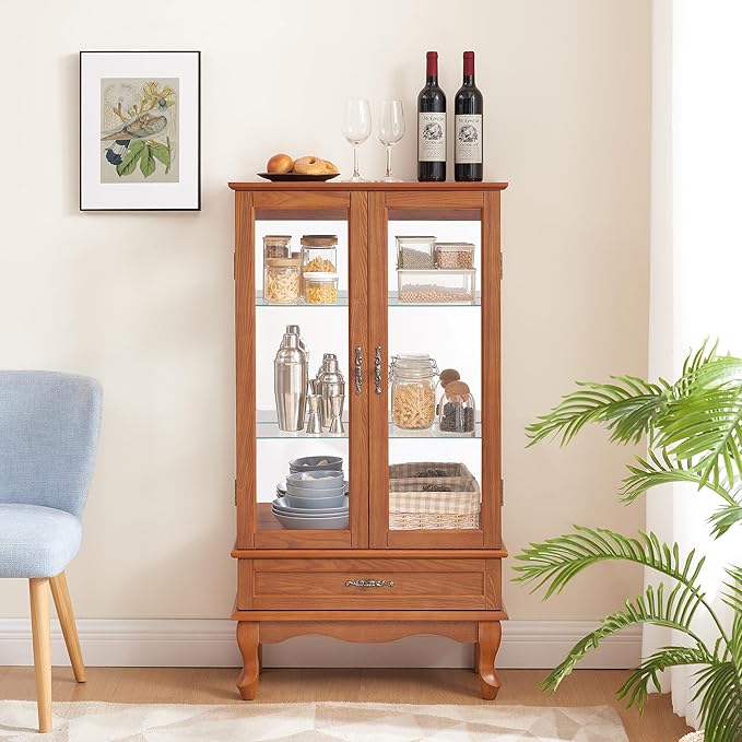 49" H Lighted Curio Display Cabinet with 2 Glass Doors & 1 Drawer, Wooden Curio Showcase w/Adjustable Shelves & Mirrored Back Panel, Wine Storage Cabinet Display Case for Living Room (Oak)