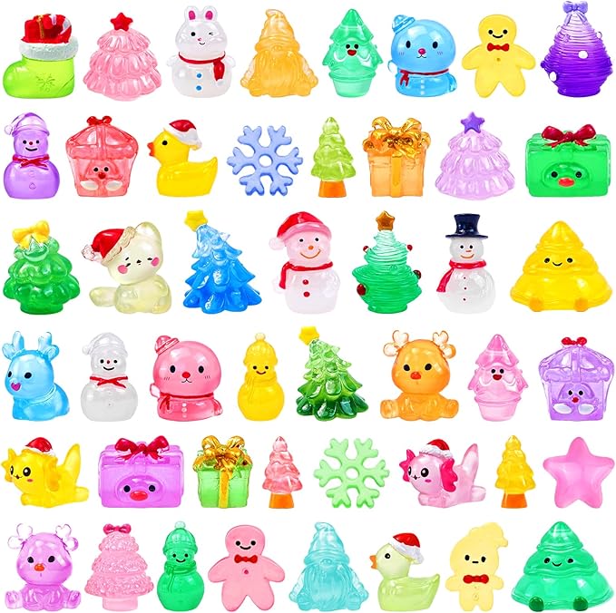 52 Pcs Luminous Mini Christmas Figurines Glow in The Dark Tiny Little Resin Snowman Miniature Figures for Xmas Holiday Crafts Garden Micro Landscape Party Home Table Decor