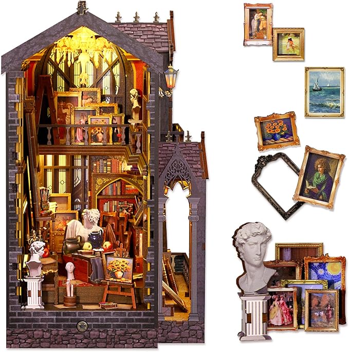 Book Nook Kit – Wonder Studio, DIY Miniature Booknook House with LED Lights, 3D Wooden Puzzle for Adults & Teens, Bookshelf Decor Gift for Family, Friends