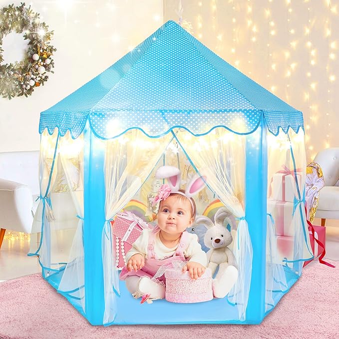 wilwolfer Princess Tent for Boys Fairy Castle Play Tents for Kids Toddler, Hexagon Kids Playhouse, Princess Toys & Gift for Girls Aged 3+ for Indoor & Outdoor Play (Blue)