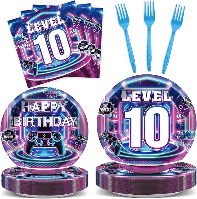 96Pcs 10th Birthday Video Game Party Decorations 10 Years Old Themed Tableware Purple Blue Plates Napkins Forks Level 10 Dinnerware Party Supplies for Kids Boys Gamer Gaming Birthday Serves 24 Guests