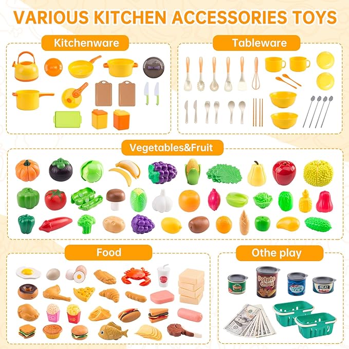 240Pcs Kids Mini Play Kitchen Accessories, Play Pans, Pots, Cookware with Desserts, Cuttable Veggies & BBQ Set & Storage Basket, Prop Money, Learning Gift for Child，Toddlers, Child, Yellow