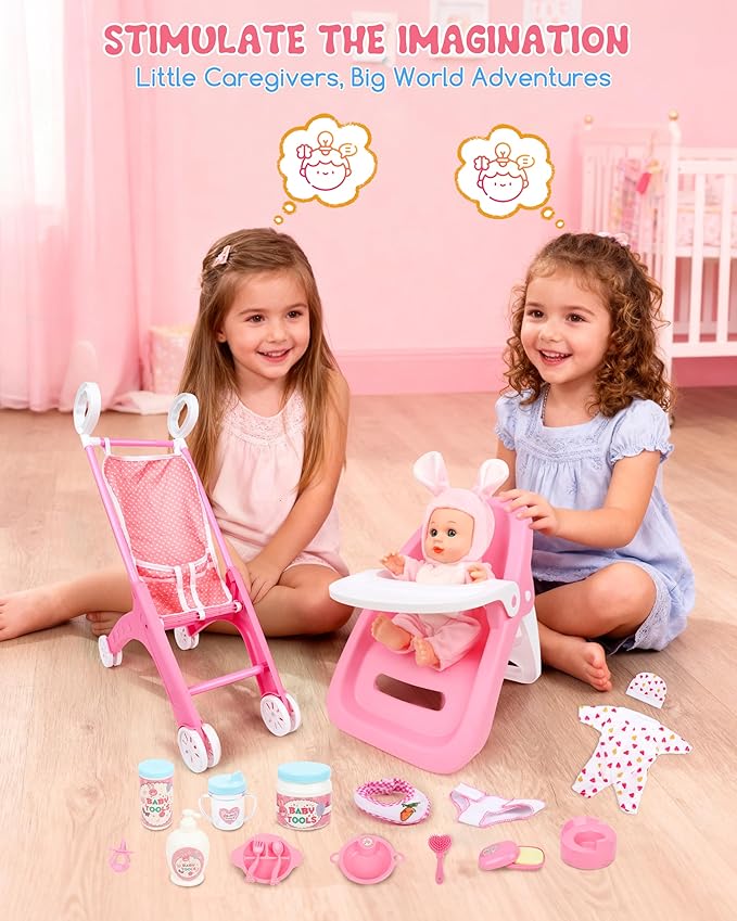 PLAYFULBAY Baby Doll Stroller Set, 28-Piece Playset with High Chair, 2 Doll Outfits & Accessories, Imaginative Role-Play Gift for Toddlers 1-5