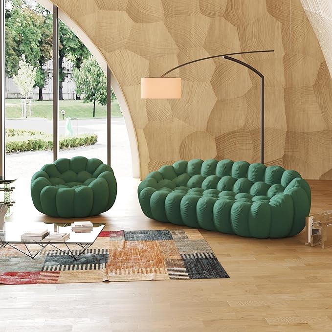 JACH 3 Seater Bubble Sofa and Single Seat Curved Couch, Comfy Upholstered Sofa, Mesh Fabric 3D Honeycomb Shape Modern Couch for Living Room, Office, Apartment, Small Space (Green)