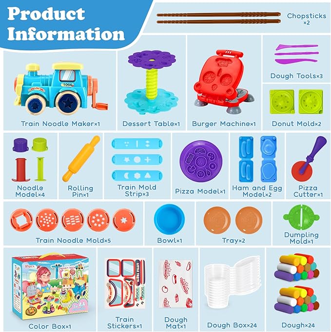 85 PCS 3 in 1 Dough Sets for Kids Ages 3-4-8, Art Crafts Dough Tools Kit, Train Engine Noodle Playset, Hamburger Machine, Dessert Rack, Kitchen Creations Food Play Toys Boys Girls