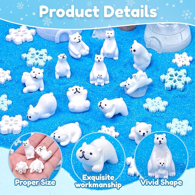 40 Pcs Mini Resin Polar Bear Figurines with Snowflakes Tiny Little Winter Resin Animal Miniature Figures for Holiday Crafts Garden Micro Landscape Home Table Decor