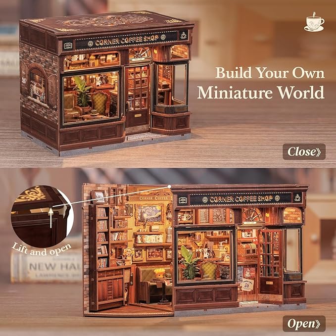 Fsolis Book Nook Kit - DIY Bookshelf Miniature Kit for Adults 3D Puzzle Booknook Bookstore Bookshelf Diorama Cafe Shop Tiny House with Cat, Craft Gifts for Women Book Lovers (Corner Coffee Shop)