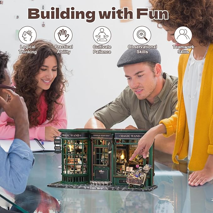 Hullisun DIY Book Nook Kit Expandable Miniature Dollhouse Kit, Retro European Magic House Bookshelf Insert Model with LED Light, Bookend Building Set 3D Wooden Puzzle for Adult Birthday Gift Women Men