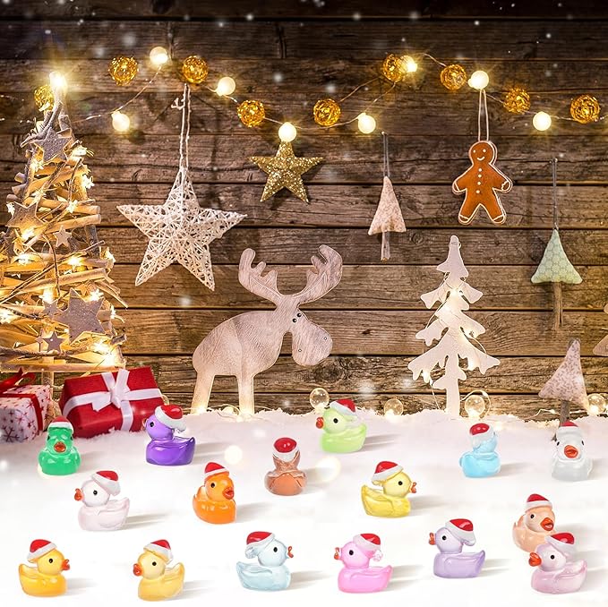 160Pcs Luminous Christmas Mini Ducks, Glow in The Dark Xmas Mini Resin Ducks with Santa Hats, 16 Colors Tiny Ducks Bulk for Micro Fairy Garden DIY Miniature Dollhouse Decor