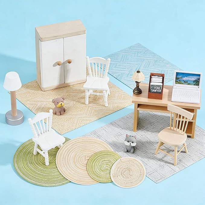 8Pcs 12 and 7.5 Inch Dollhouse Diameter Miniature Weaving Round and Square Rug Miniature Carpets for Mini House Decor