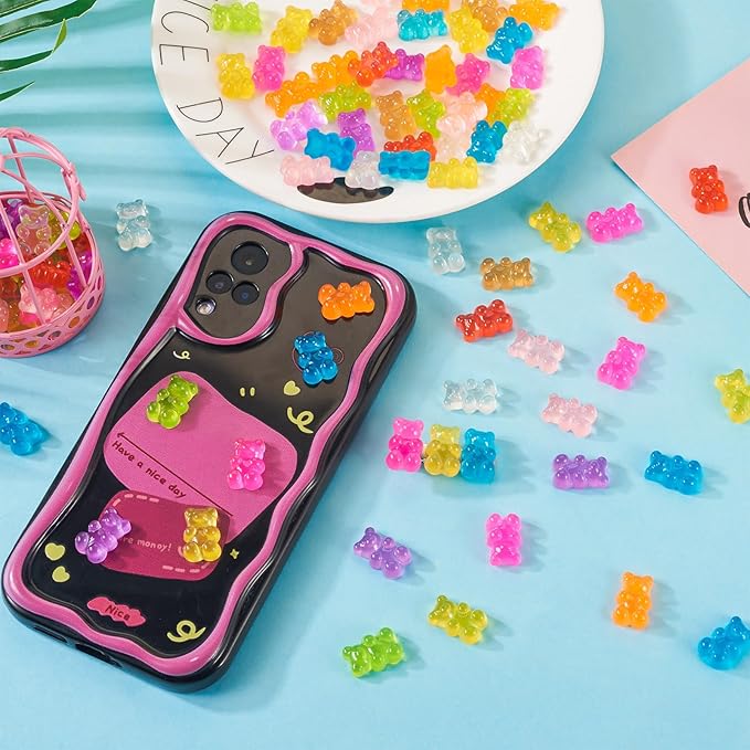 Beadthoven 90pcs Luminous Gummy Bears Beads Flatback Buttons No Hole Glow in The Dark Bear Resin Charms for Jewelry Making DIY Crafts Earrings Ring Hair Clip Accessories Decoden Phone Case Decoration