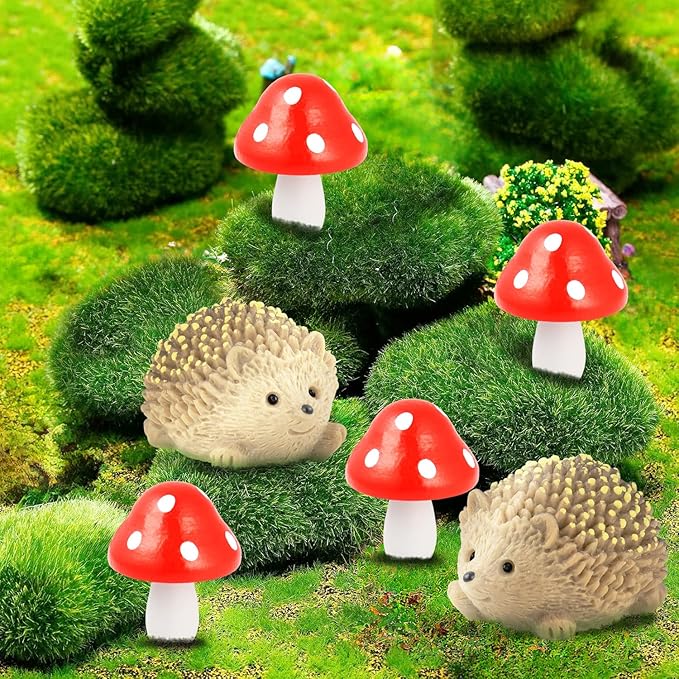 CooBigo 6 Pack Mini Mushroom & Resin Hedgehogs Figurines Micro Wood Mushroom for Fairy Garden Wild Landscape Pots Handmade DIY Decor Accessories