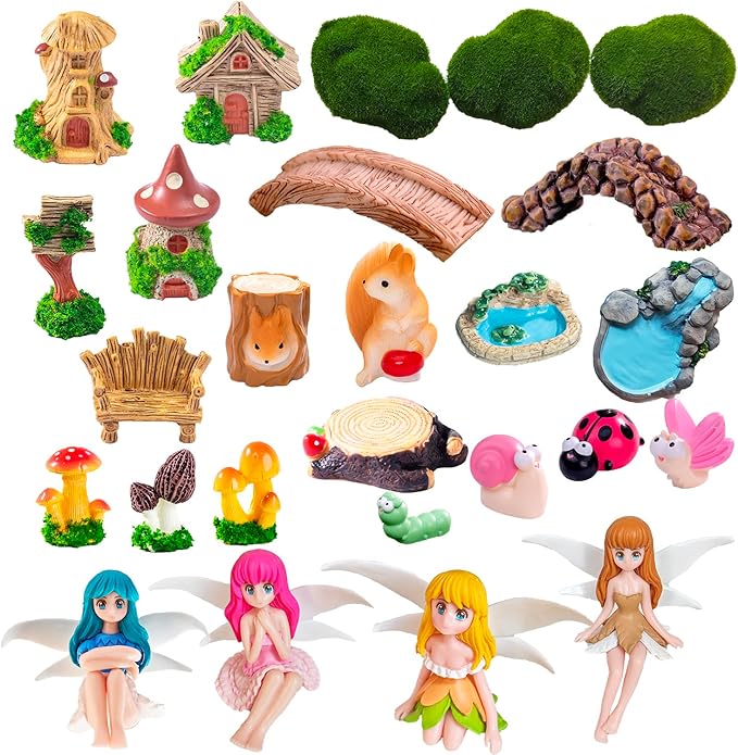 Toosunny 26Pcs Fairy Garden Miniatures Set Resin Mini Landscape Decorations with Bridge Pond House Plant Animals Figures for DIY Terrarium Dollhouse Desk Plant Decor