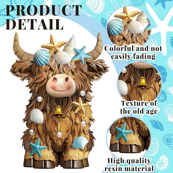 Burbell 2 Pcs Coastal Highland Cow Decor Summer Beach Ocean Themed Highland Cow Figurines Resin Starfish Seashellstatue Calf Lovers Gifts for Home Garden Kitchen Office Tiered Tray Table Decor