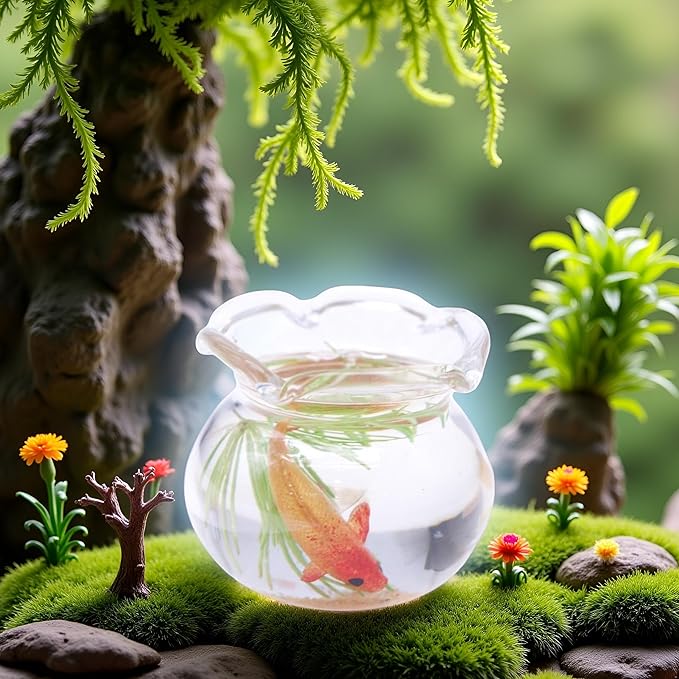 1Pcs Multicolour Mini Round Fish Tank Realistic Glass Decor for Dollhouse Display Captivating Miniature for Crafts Ornaments Handmade Landscape,Miniature Goldfish Bowls,Dollhouse Accessories(Gold)