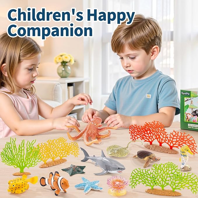 14PCS Large Ocean Sea Animal Toys with Corals for Kids, Realistic Soft Plastic Shark,Octopus,Starfish,Sea Turtle for Toddler Boy Girl, Under The Sea Party Favors, Birthday Gifts