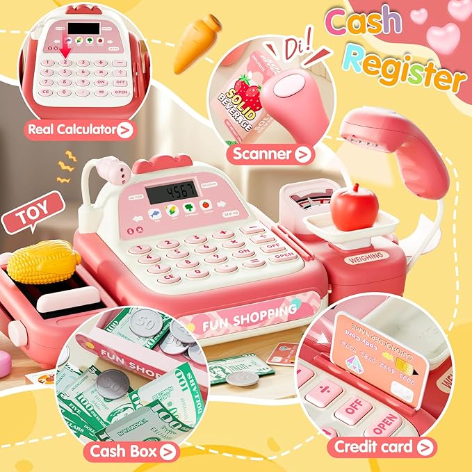 49PCS Pretend Play Cash Register Toy Set for Kids with Real Calculator,Scanner,Microphone,Conveyor Belt,Weighing Tool,Cashier Playset Realistic Gift for Toddler Kid Ages 3 4 5 6 7 8（Pink）