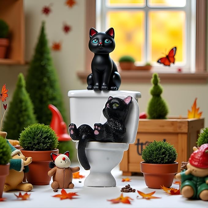 aoukoslt Black Cat Toilet Figurine - Garden Ornament, Desktop Decor and Landscaping Accessories (2.5" Mini Statue)
