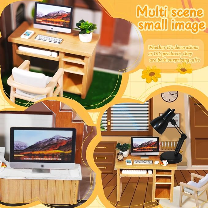 Hiawbon 11PCS 1:12 Scale Miniature Office Furniture Set, Miniature Office Table and Chair, Mini Simulation Desktop Computer with Mouse Keyboard Model Simulation Accessories for Mini House