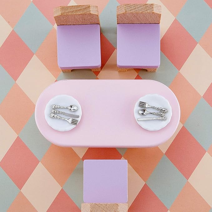 Skylety 4 Pieces 4 Pieces 1: 12 Scale Miniature Mini House Plates and 12 Spoons Knives Forks Metal Tableware Kitchen Accessories Miniatures Porcelain Plate Set Mini House Decoration