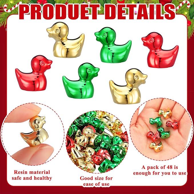 100 Pcs Shiny Christmas Mini Duck Figures Colorful Christmas Duck Decor Micro Landscape Aquarium Garden Hide and Seek Decoration Charm for Party Gift(Gold, Red and Green)