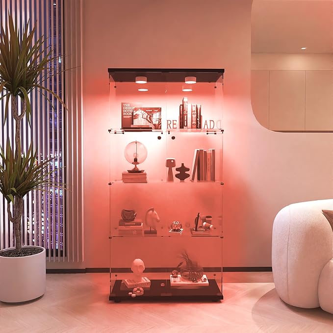 Glass Display Cabinet with Lights and Lock, 4-Tier Display Case Curio Cabinet with Glass Door, Floor Standing Showcase for Living Room Bedroom Home Office 31" W x 14.3" D x 64.5" H