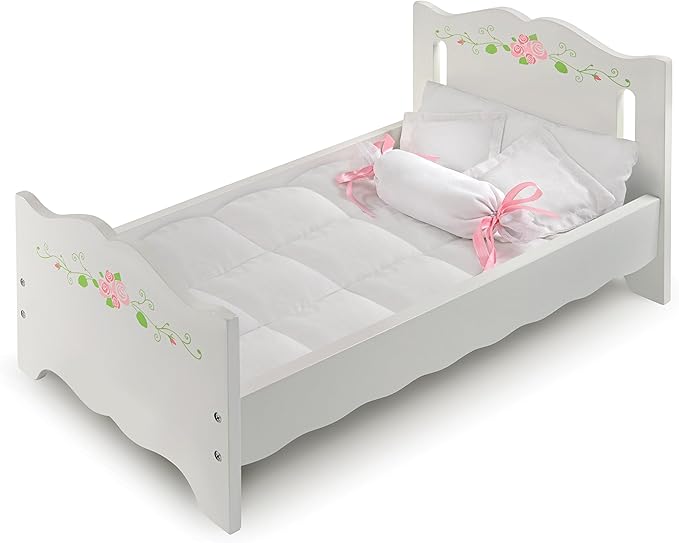 Badger Basket Wooden Doll Bed with Blanket and Pillow with Free Personalization Kit - Fits 18" to 20" Dolls - Ideal for Baby Dolls and Pretend Play Fun - White and Pink Rose Design