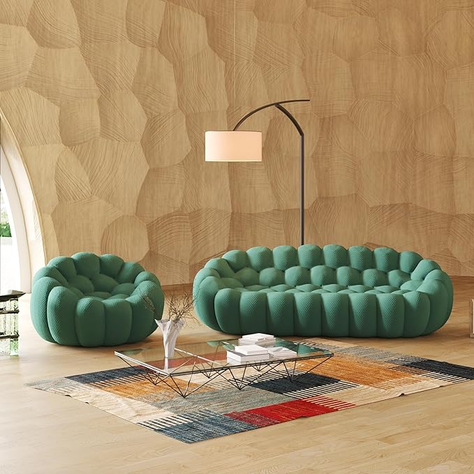 JACH 3 Seater Bubble Sofa and Single Seat Curved Couch, Comfy Upholstered Sofa, Mesh Fabric 3D Honeycomb Shape Modern Couch for Living Room, Office, Apartment, Small Space (Green)