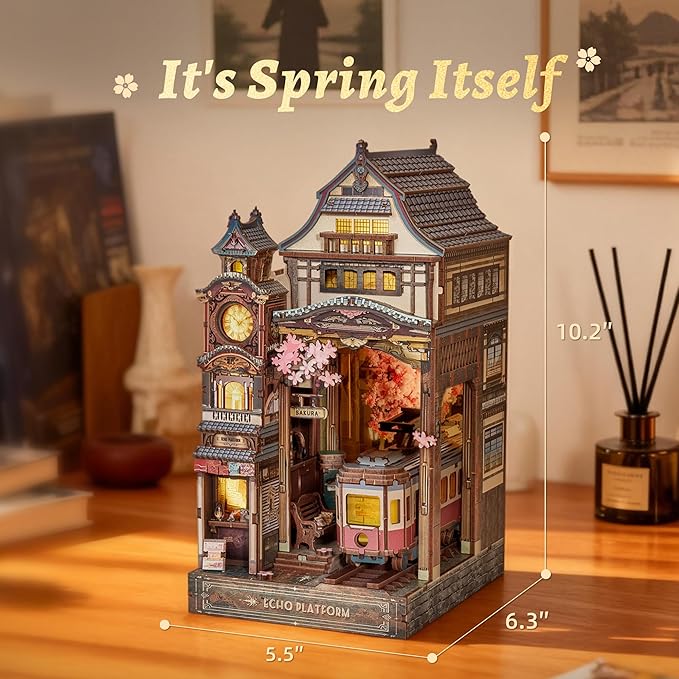 Sakura Train Book Nook Kit – LED 3D Wood Puzzle with Infinity Mirror – DIY Bookshelf Decor, Miniature Craft Gift for Kids and Adults