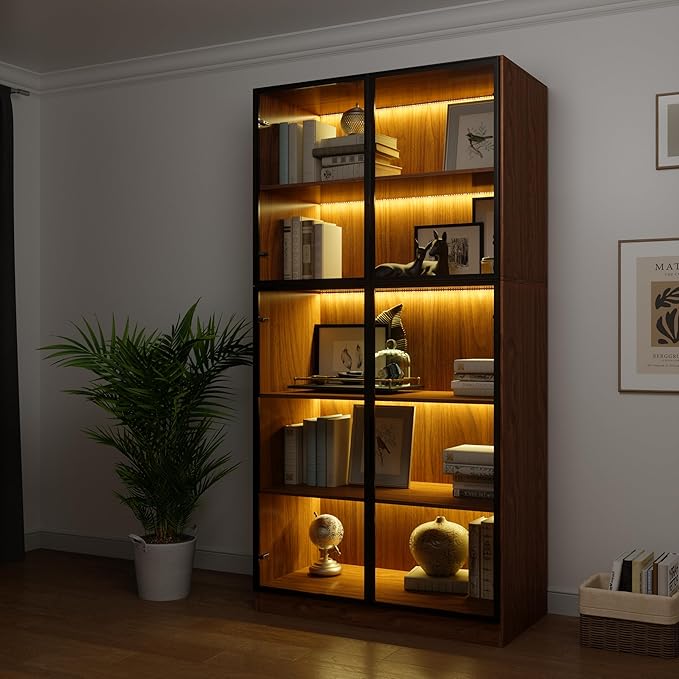 78.7" Display Cabinet with 4 Glass Doors, 5 -Tier Storage Cabinet with LED Lights, Tall Walnut Bookcase with Storage, Wooden Display Case for Collectible, Living Room, Office (Walnut)