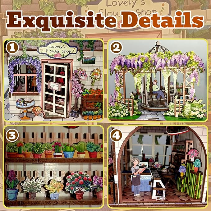 3D Wooden Puzzles Book Nook Kits for Adults Miniature House Building Kits, DIY Tiny Wooden Crafts Model Bookshelf Decor with LED Lights, Gifts for Family, Friends, Christmas(Flower Shop)