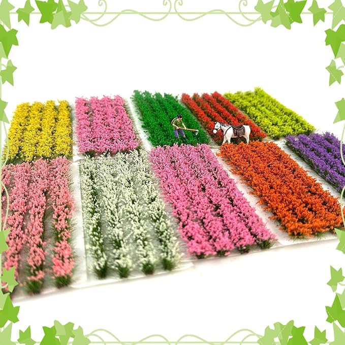 Warmtree 10 Colors, 40 Pcs Miniature Colorful Flower Cluster Self Adhesive Flower Static Grass Tufts for Train Landscape Railroad Scenery Sand Military Layout Model Miniature Bases Diorama Supplies